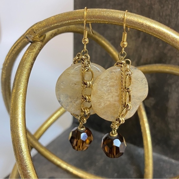 Statement Earrings Brown Beige Goldtone Link Chain Detail - Picture 3 of 6